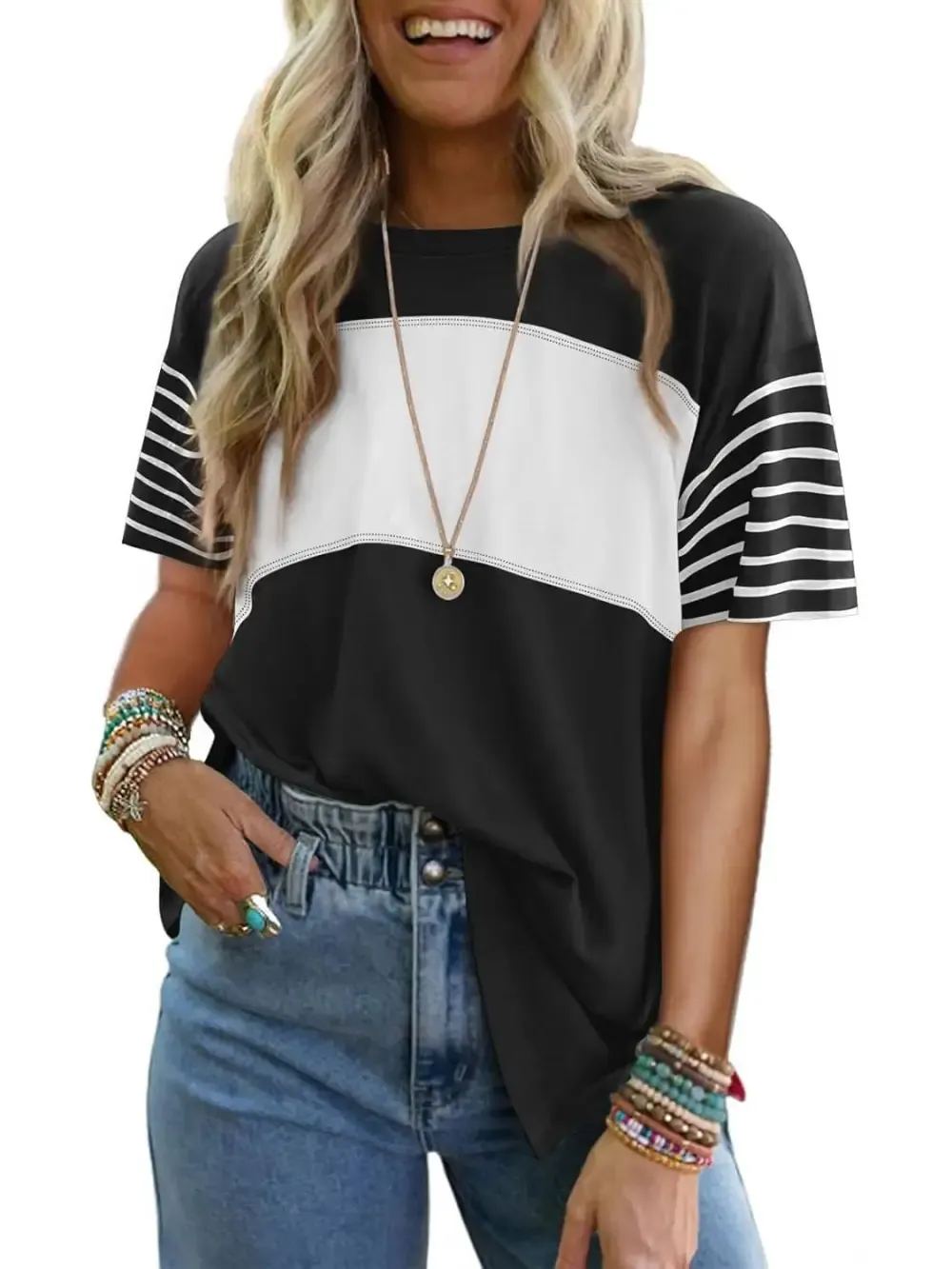 ✨Womens Oversized Crewneck Casual Color Block Striped Shirts Blouses