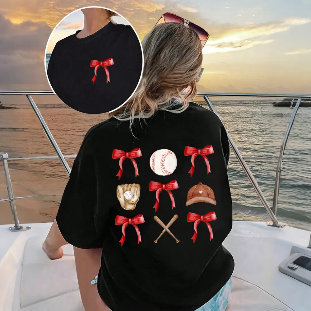 A Casual T-Shirt With A Red Bow, Baseball, Baseball Gloves, Baseball Cap And Crossed Baseball Bats.