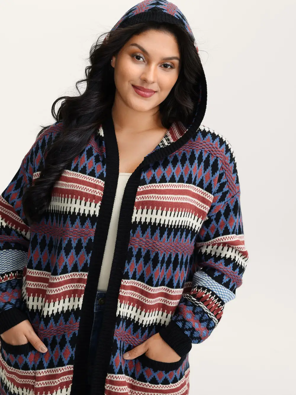 Boho Stripe Pockets Hooded Long Knit Cardigan