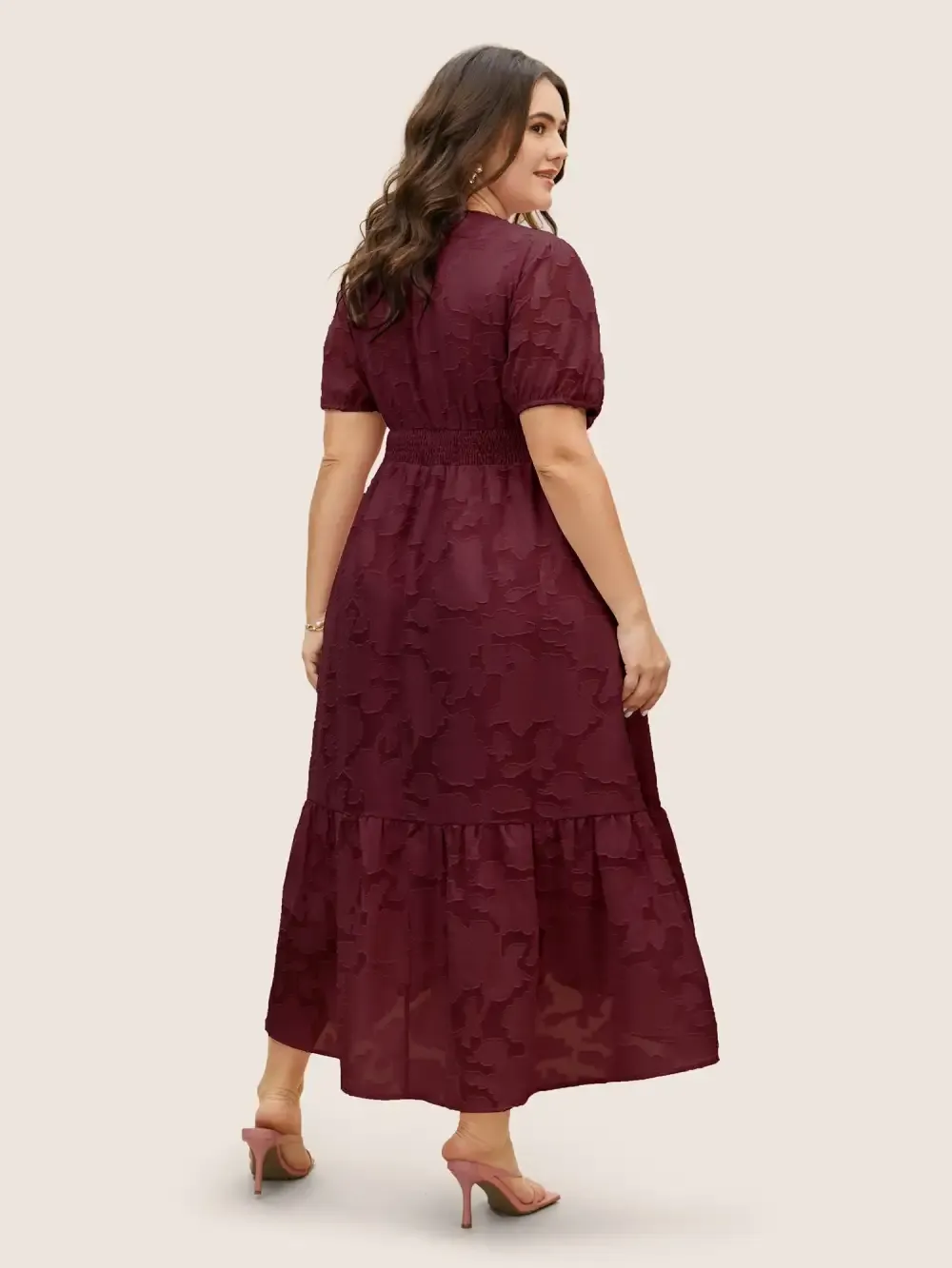 Solid Textured Lantern Sleeve Button Detail Dress