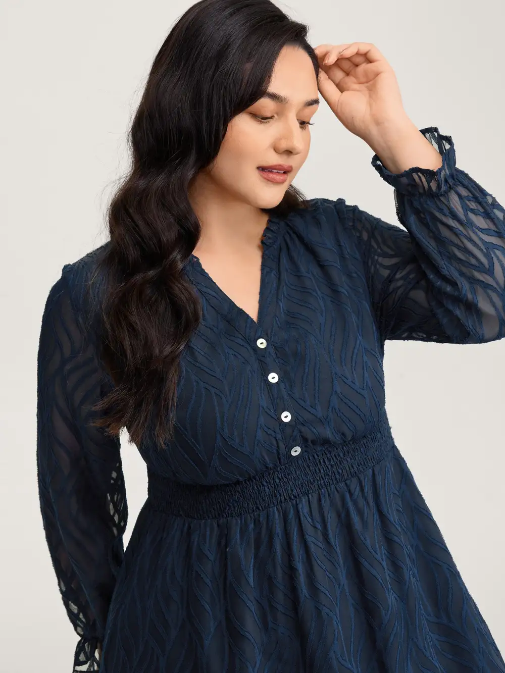 Sheer Jacquard Stretchy Waist Midi Dress