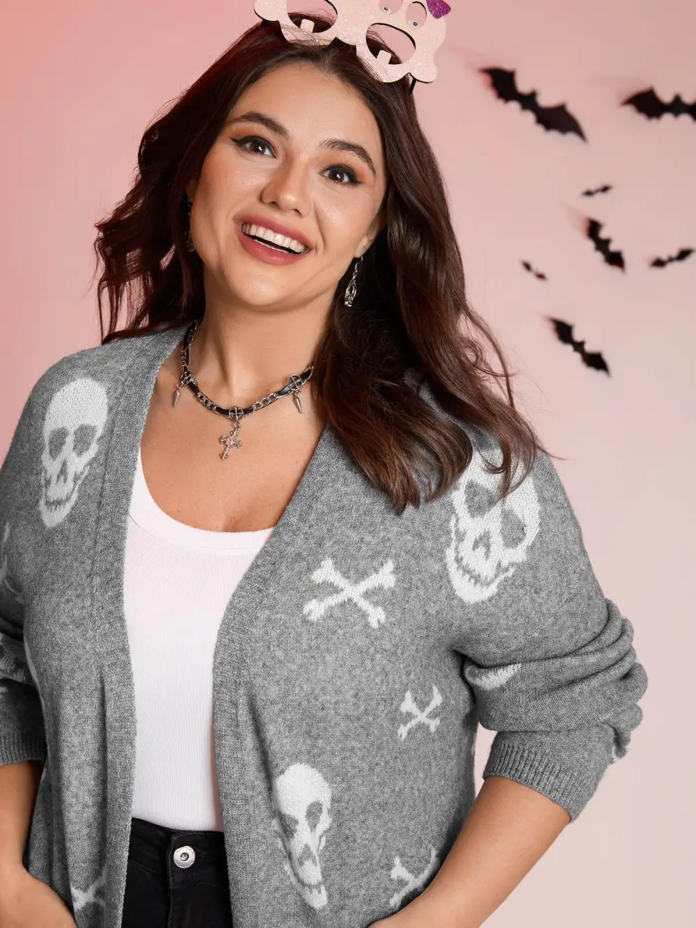Supersoft Skull Pattern Open-Front Knit Cardigan