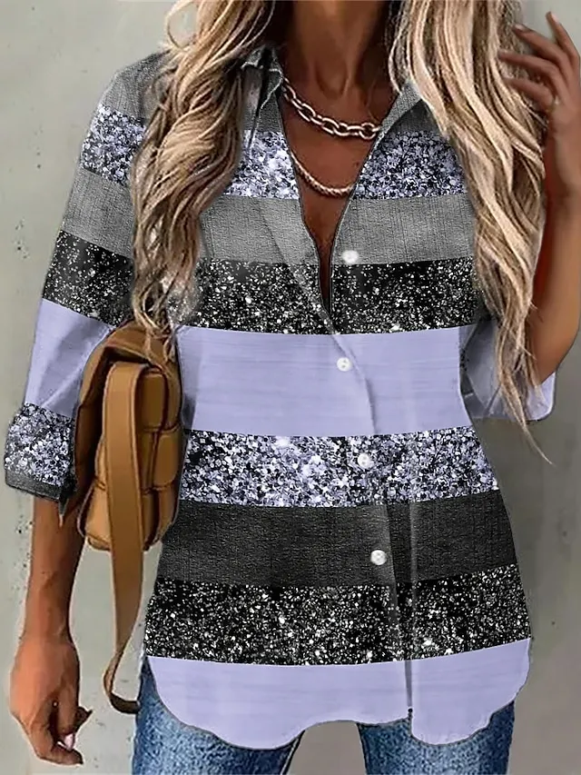 Women's Shirt Blouse Pink Blue Purple Graphic Striped Button Print Long Sleeve Daily Weekend Streetwear Casual Shirt Collar Regular S