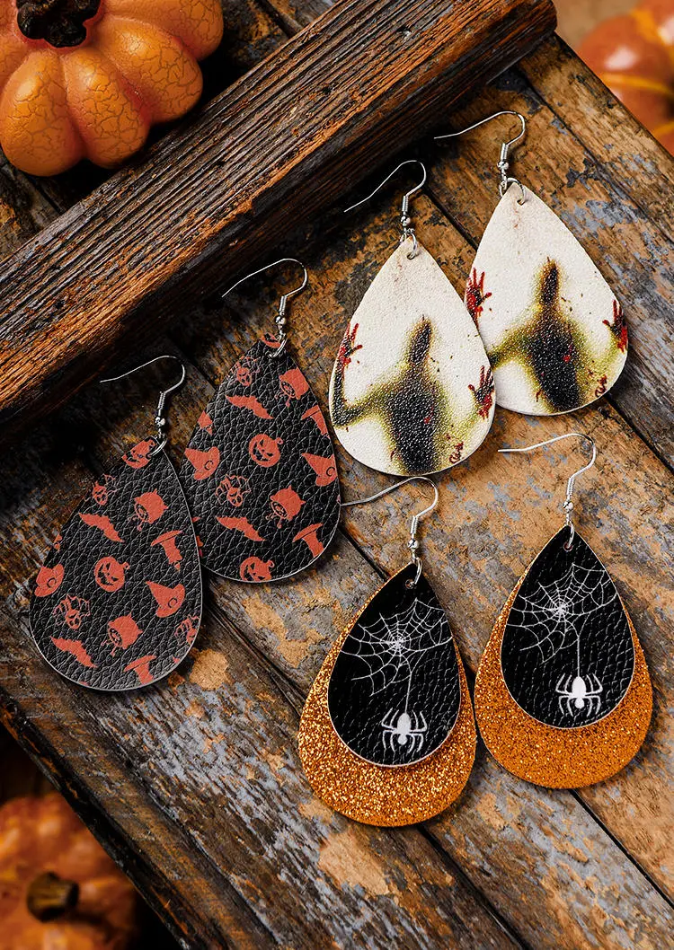 3Pairs Halloween Skull Bat Pumpkin Face Water Drop Earrings