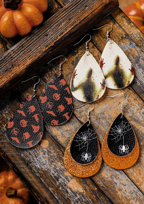 3Pairs Halloween Skull Bat Pumpkin Face Water Drop Earrings