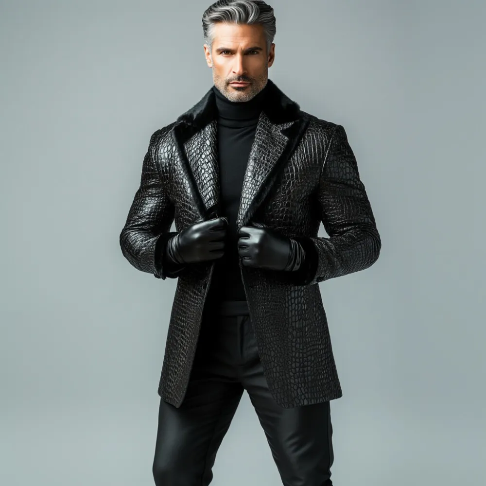 Men's PU Leather Crocodile Pattern Plush Trim Peaked Lapel Blazer