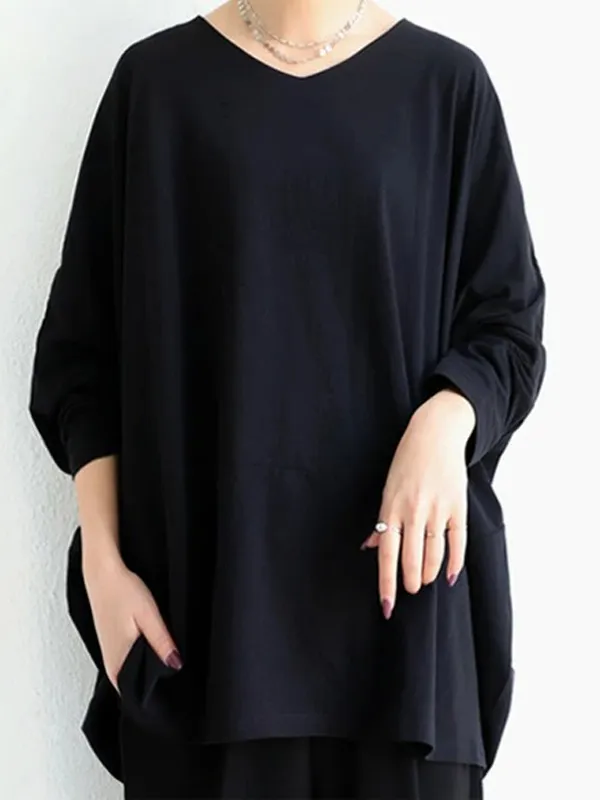 Simple Oversize Solid Color V-Neck Batwing Sleeve T-Shirts