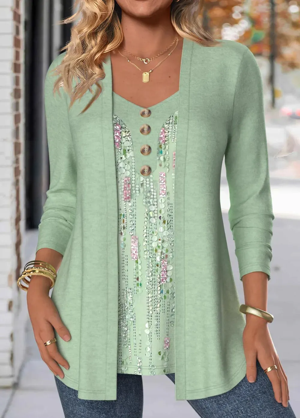 Light Green Button Geometric Print Fake Two Piece Twinset