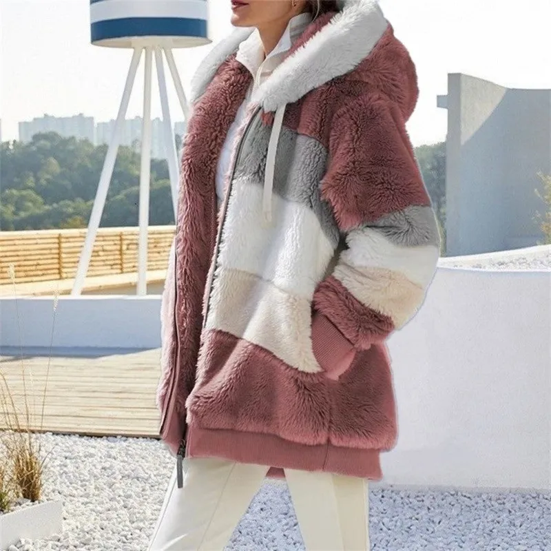 Contrast Plush Drawstring Hooded Jacket