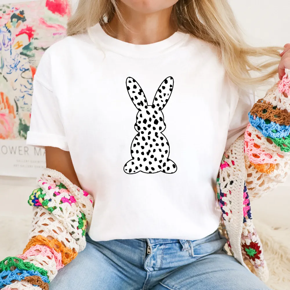 Easter Leopard Bunny Printed Round Neck Short Sleeve T-Shirt