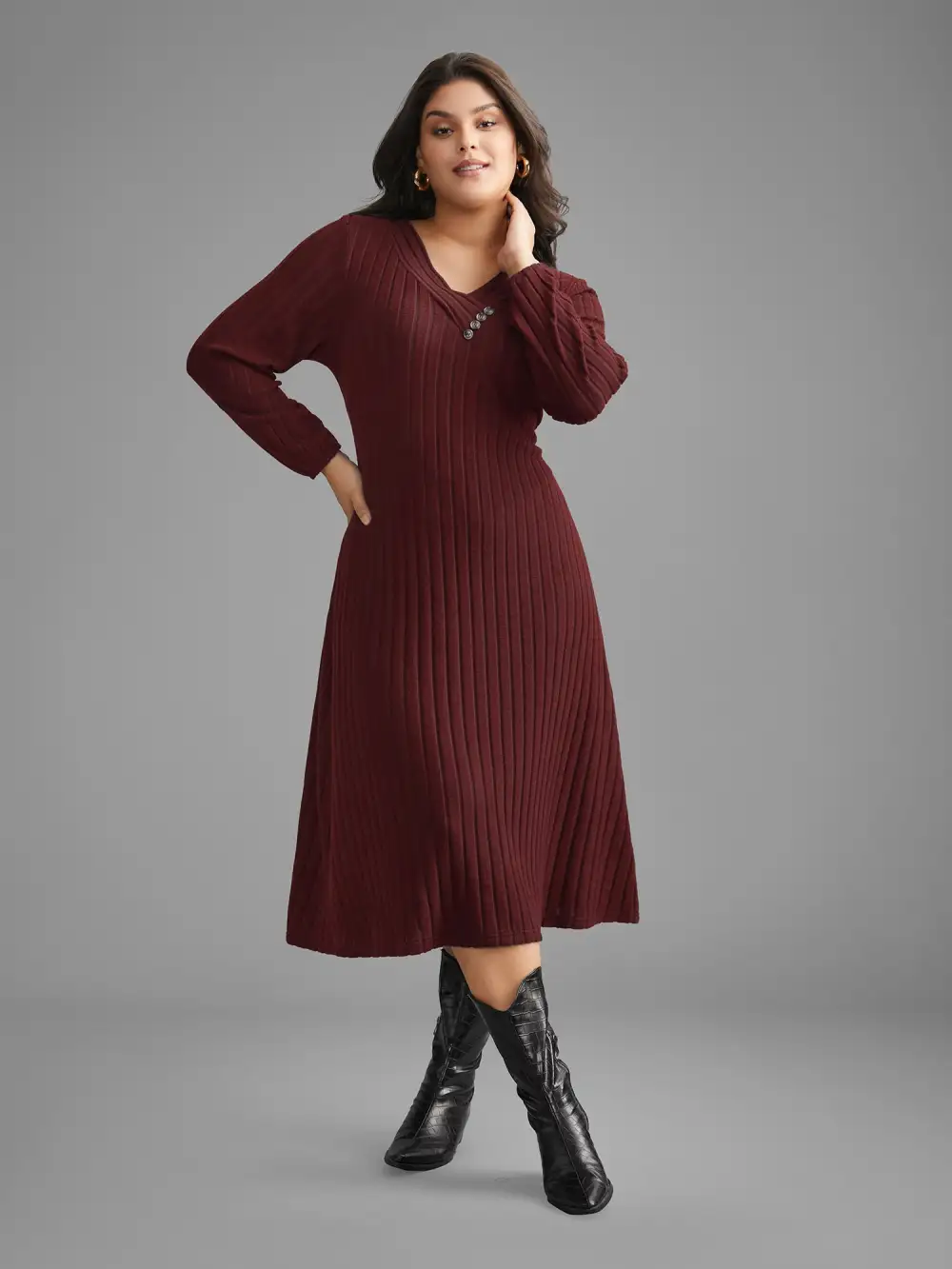 Plain Rib Knit Button Detail Dress