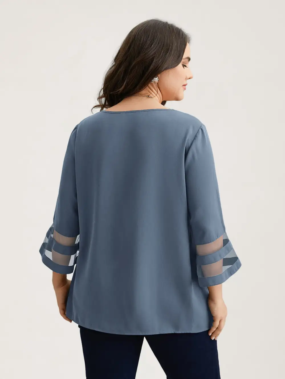 Sheer Sleeve Patchwork Asymmetrical Neckline Blouse