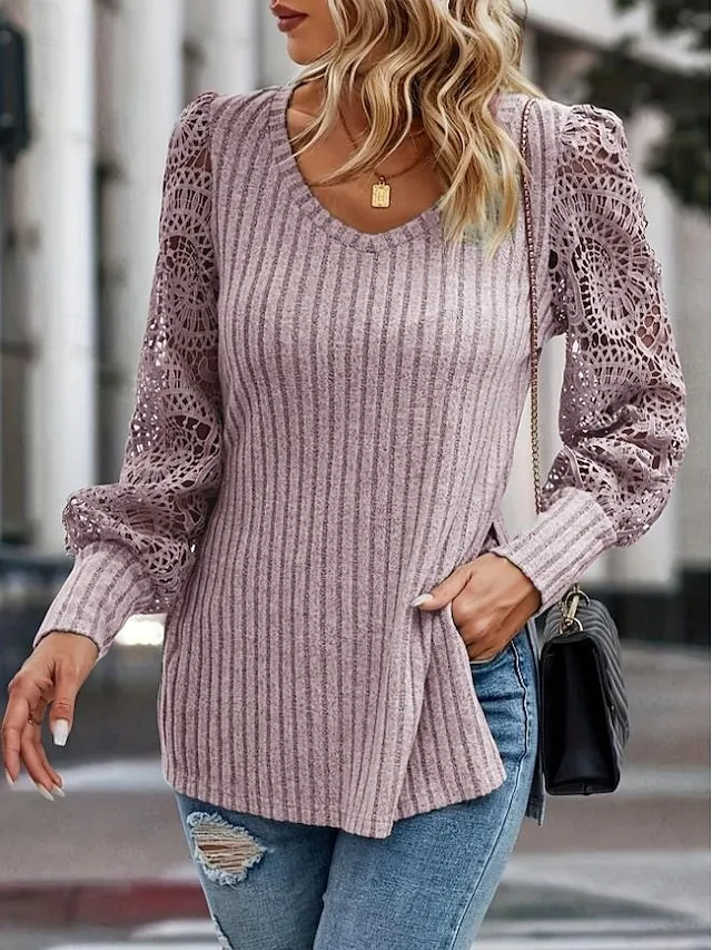 Women's Blouse Textured Ribbed Solid Color Eyelet Daily Elegant Stylish Puff Sleeve Long Sleeve
