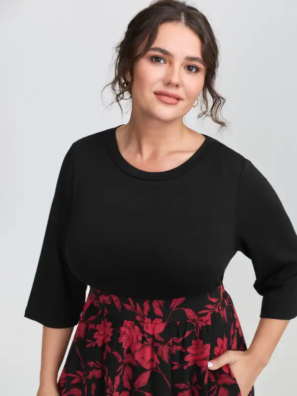 Floral Shirred Waist Color Contrast Midi Dress