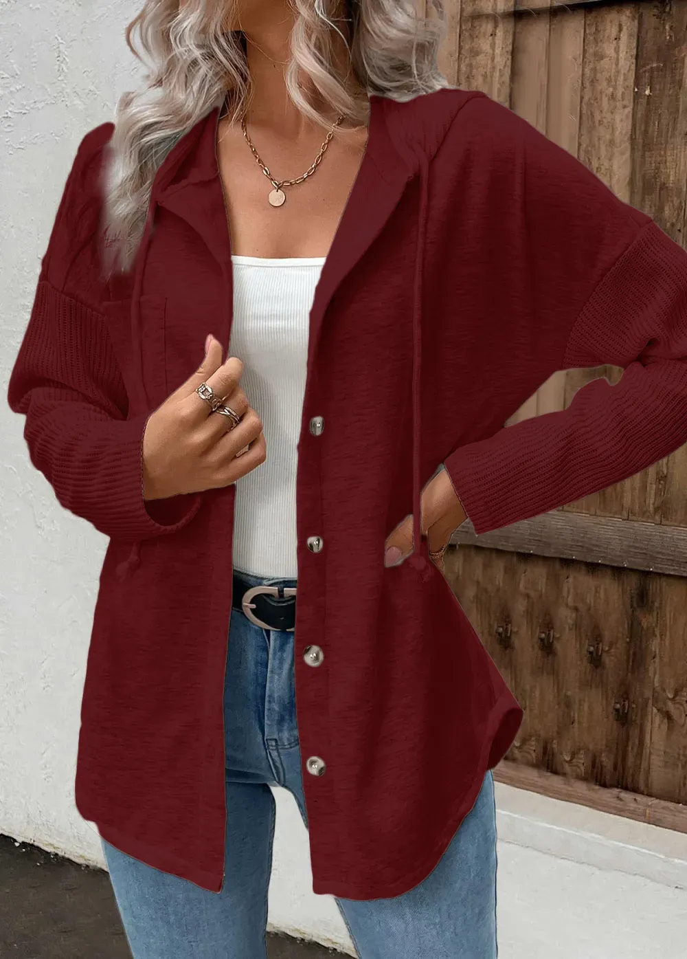 Wine Red Patchwork Long Sleeve Hoodie