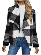 Women's Fleece Jacket Casual Jacket Comfortable Breathable Print Casual Plaid Vacation Street Casual Daily Wear Open Front Long Turndown Regular Fit Long Sleeve Outerwear Black And White Black Pink