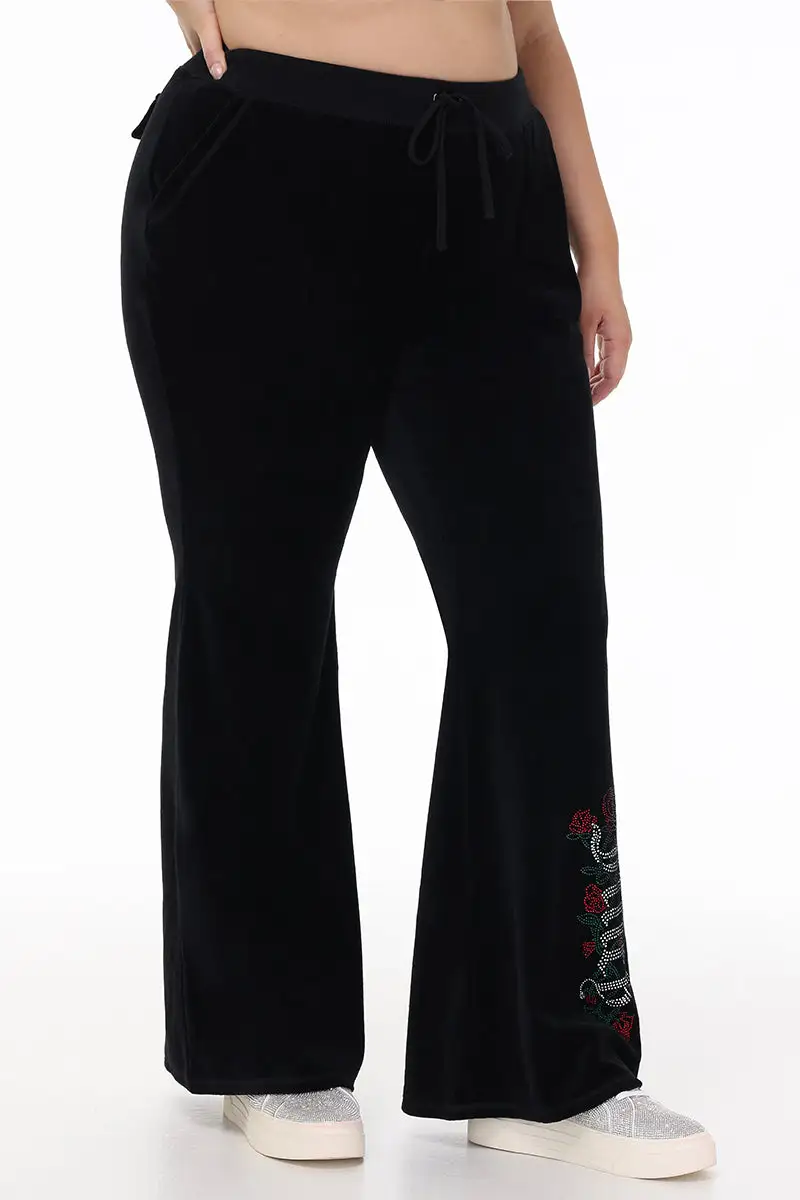 Plus-Size Juicy Roses Bling Snap Pocket Cotton Velour Pants