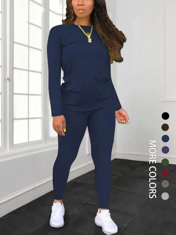 Women's Solid Long Sleeve Top & Pants Set – Minimalist, Casual, Comfy Outfit for Daily Wear.