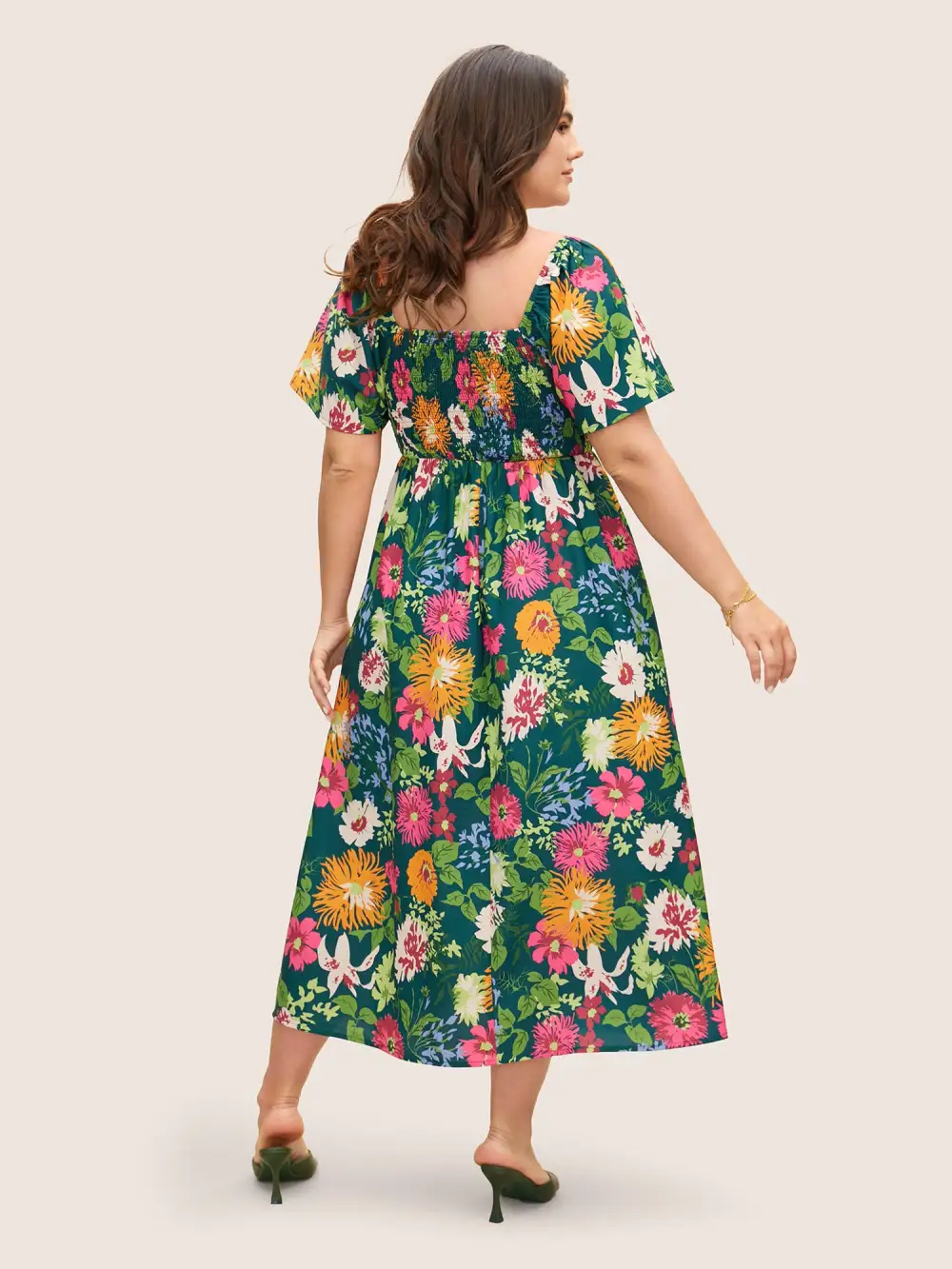 Floral Shirred Square Neck Pocket Midi Dress