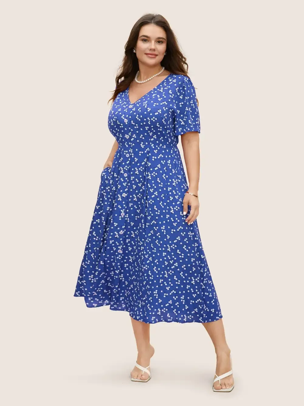 Ditsy Floral Button Detail Elastic Waist Midi Dress