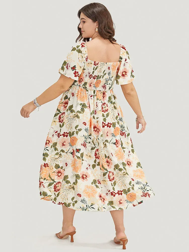 Floral Backless Shirred Square Neck Pocket Ruffle Hem Dress