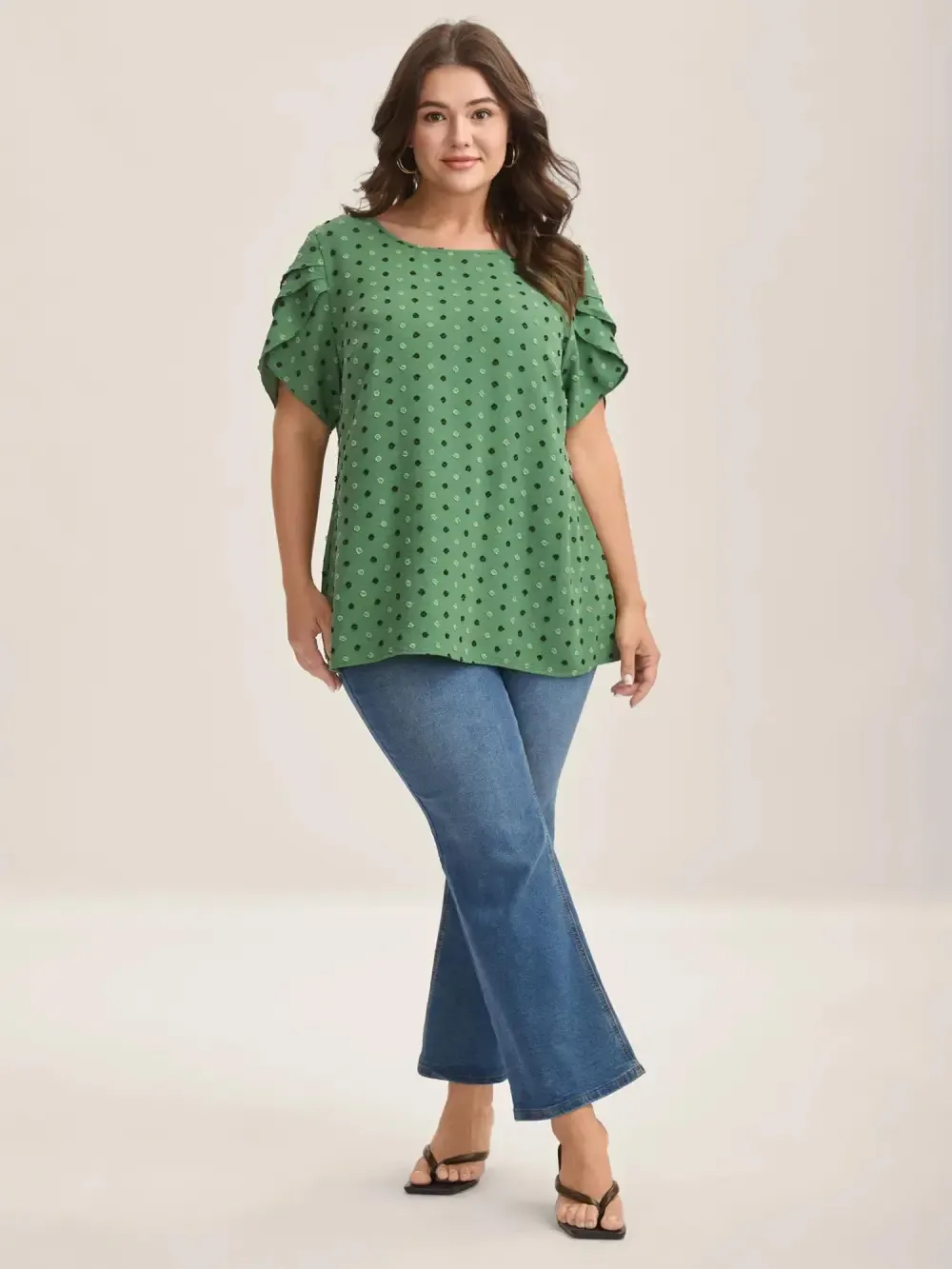 Textured Color Contrast Petal Sleeve Blouse