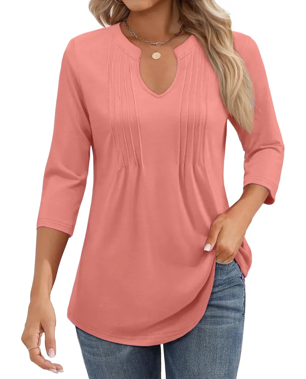 ✨Womens Casual 3/4 Sleeve Pleated Tunic Blouse