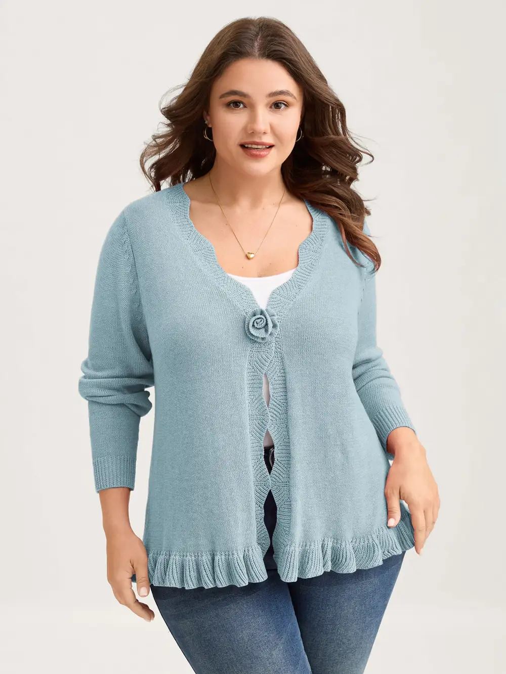 Supersoft Textured Floral Button Ruffled Hem Knit Cardigan