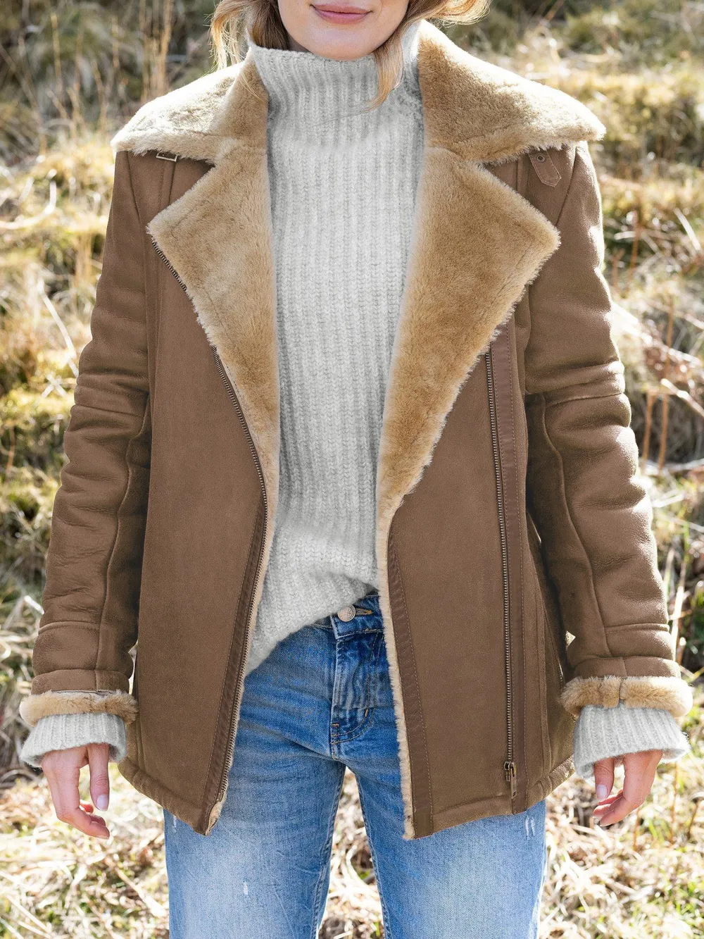 Boyfriend Aviator Sheepskin Jacket, Antique/Camel