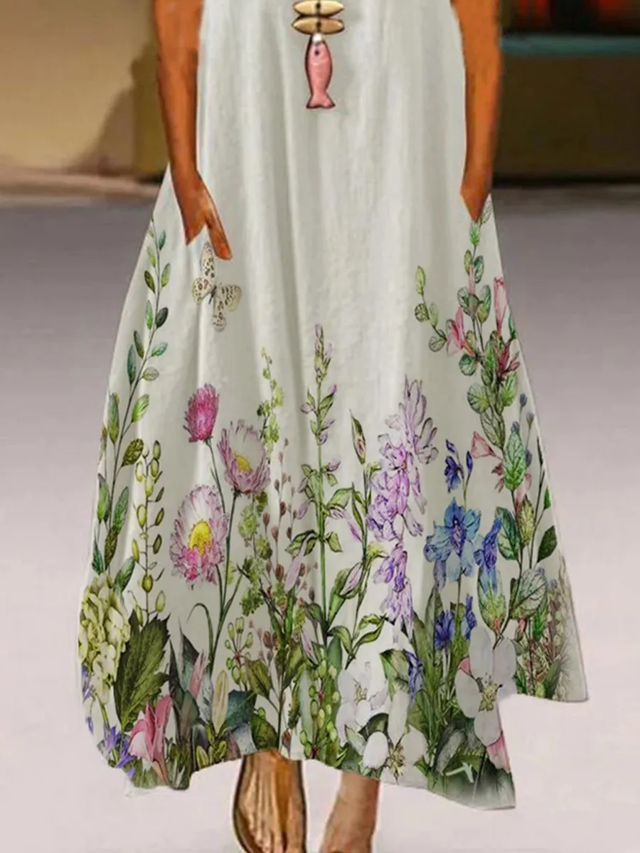 Ladies White Round Neck Floral Print Fashion Maxi Dress