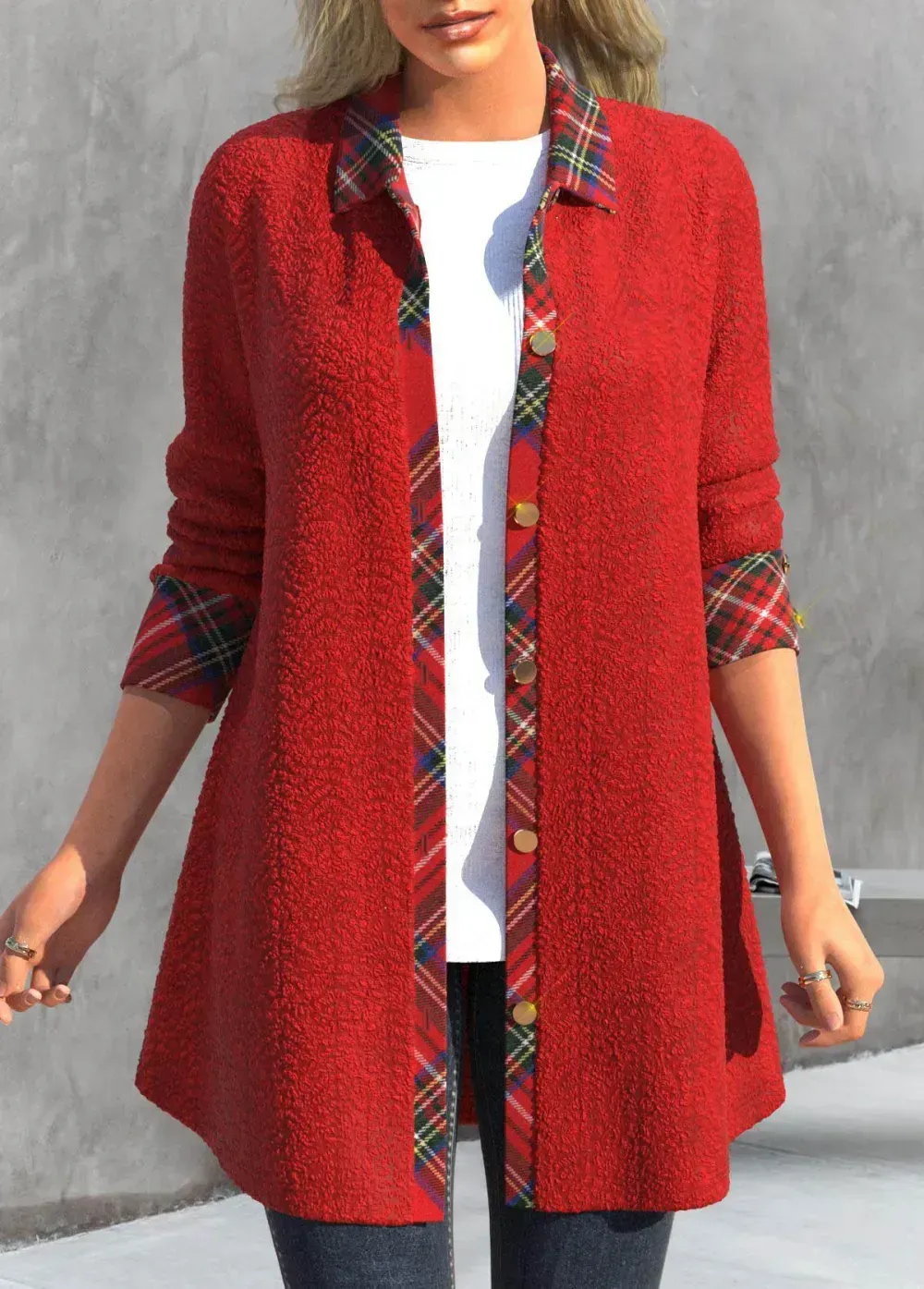 Red Button Plaid Long Sleeve Shirt Collar Coat