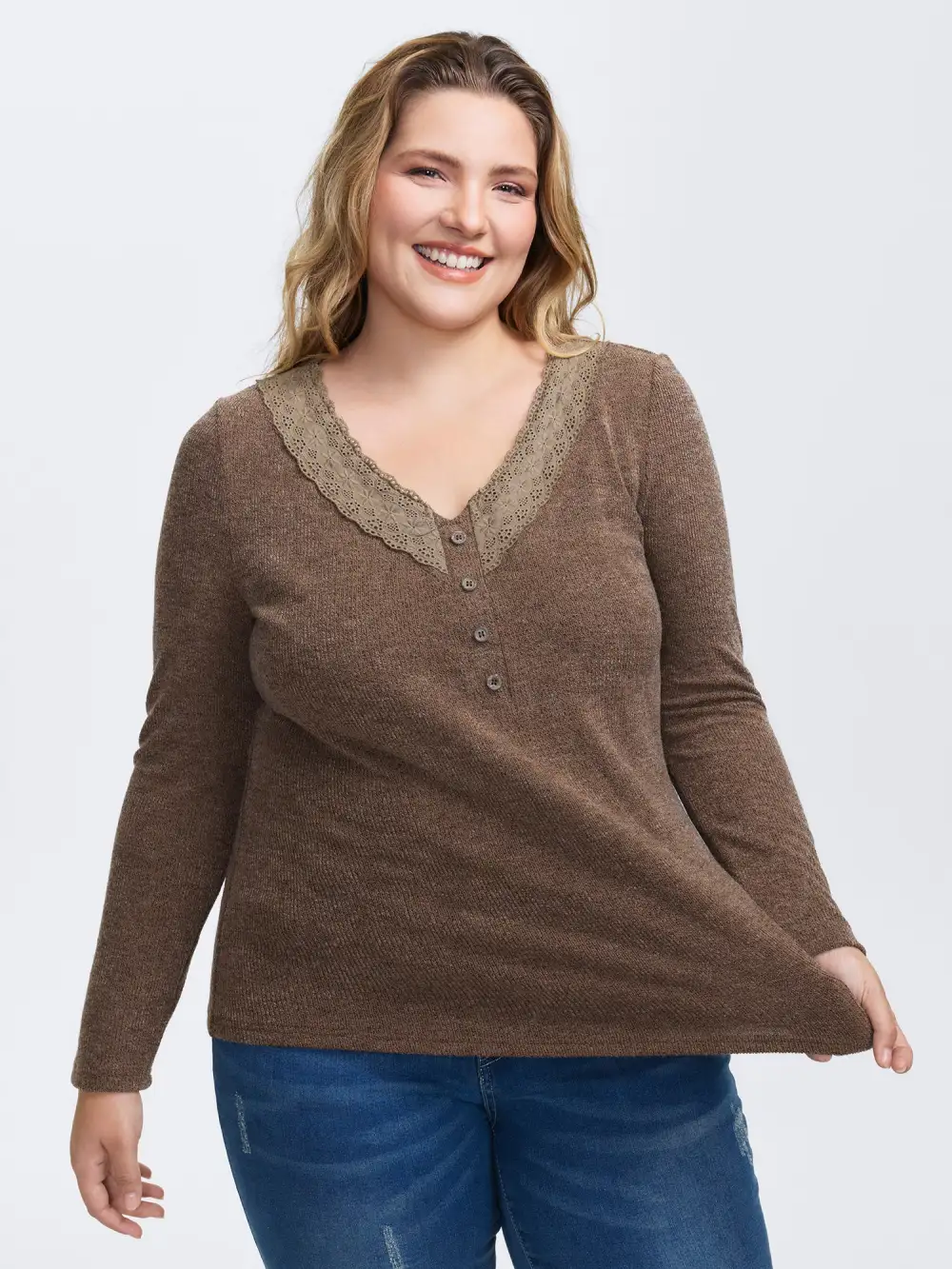 Lace Trim V-Neck Stretchy T-Shirt