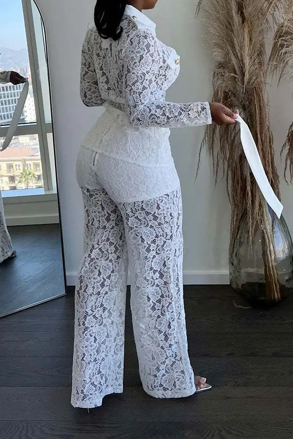 Lace Classic Single Breasted See-Through Pant Suit