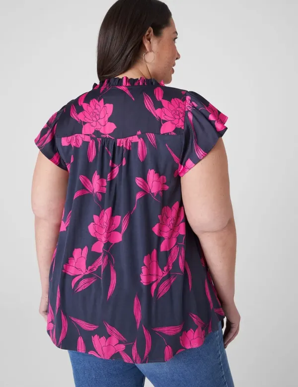 Flutter-Sleeve Woven Satin & Knit Top