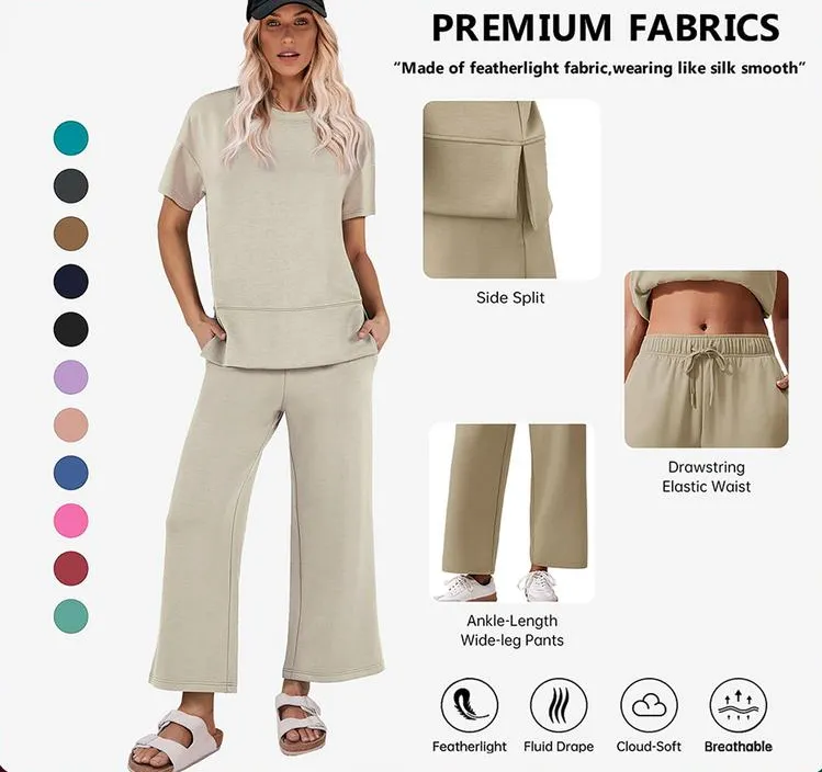 2 Piece Tracksuit for Womenswear Soft Short Sleeve Outdoor Wide Adjustable Leg Pockets Pants Lounge Matching Travel