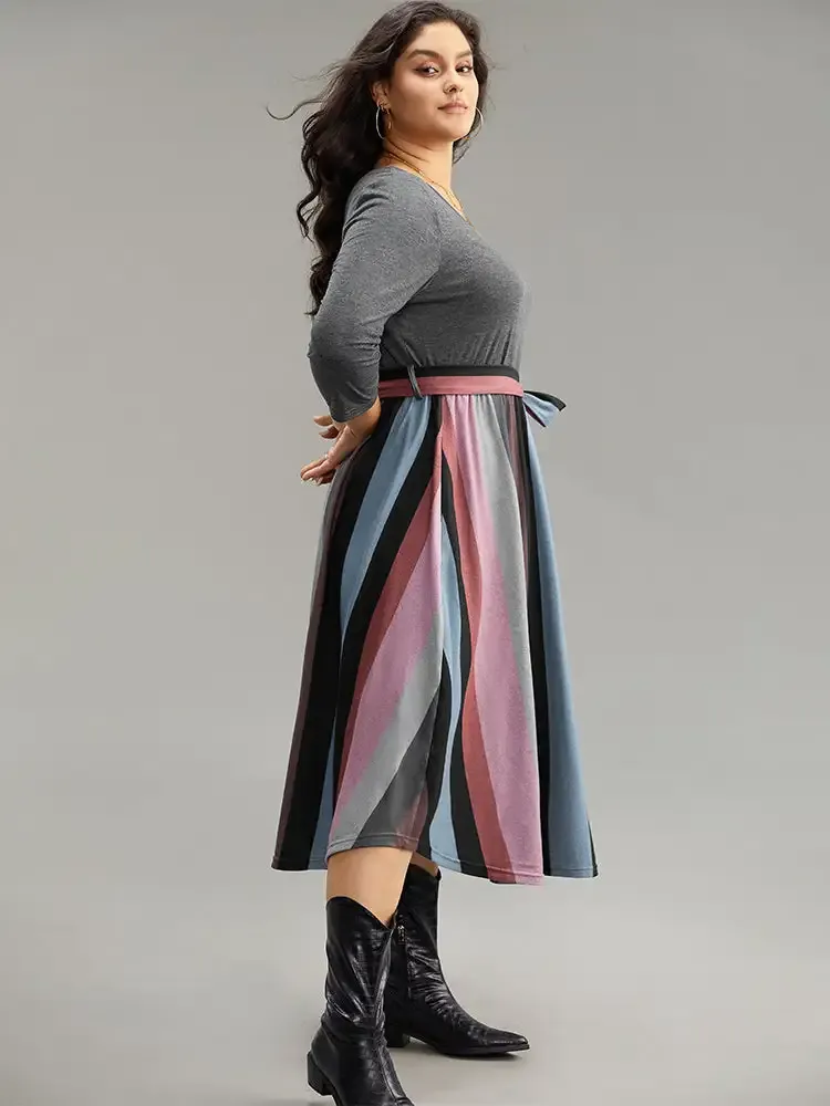 Striped Contrast Patchwork Belted Dress