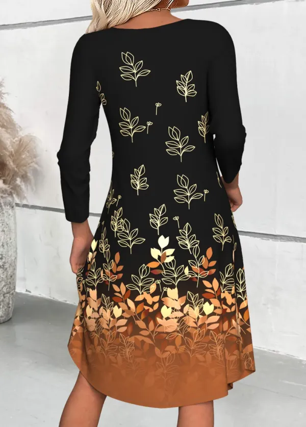 Black Tummy Coverage Leaf Print Long Sleeve Dress