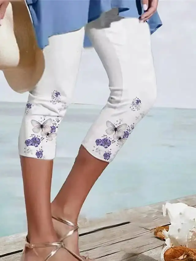 Women's Leggings Capri shorts White Pink Purple Fashion Holiday Weekend Calf-Length Comfort Floral S M L XL 2XL