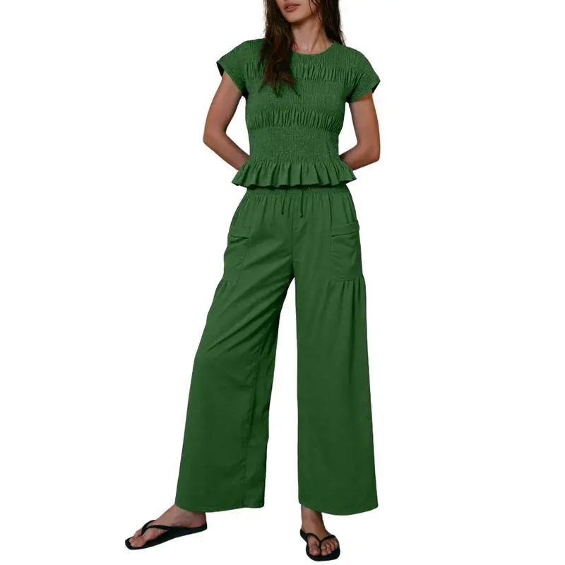 Women's 2-Piece Smocked Top & Wide-Leg Pants Lounge Set with Pockets