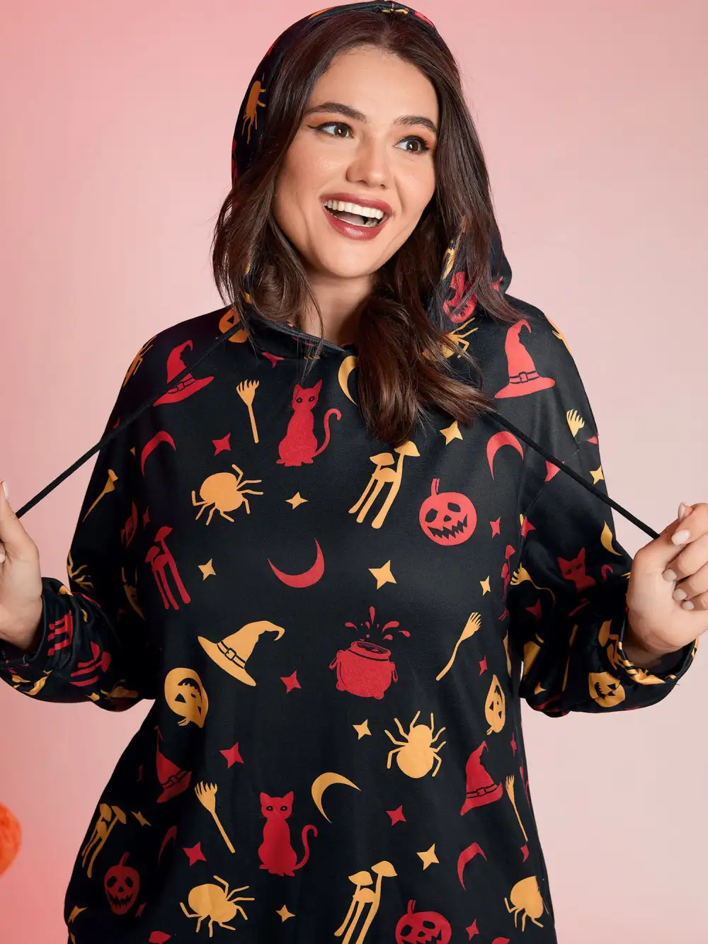 Witchy Pumpkin Print Neck Tie Hoodie