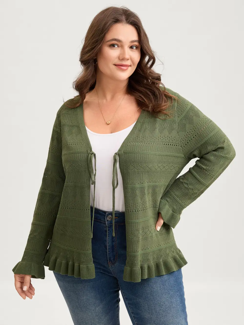 Ruffled Hem Front Tie Textured Lightweight Cardigan