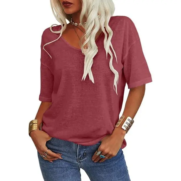 Women’s V-Neck Cotton T-Shirt – Solid Color, Lightweight Half Sleeve Casual Top for Summer & Fall