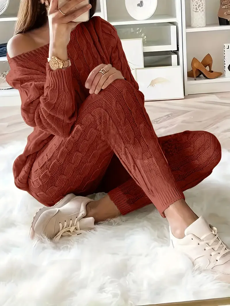 Solid Knitted Matching Two-piece Set, Casual Long Sleeve Sweater & Pants Outfits, Women's Clothing
