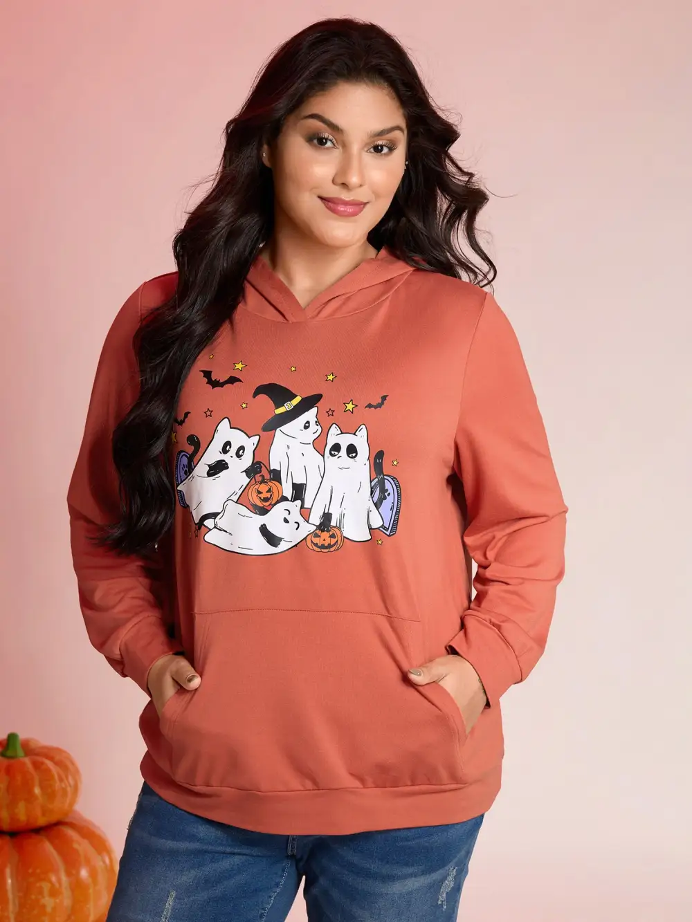 Halloween Ghost Print Solid Hoodie