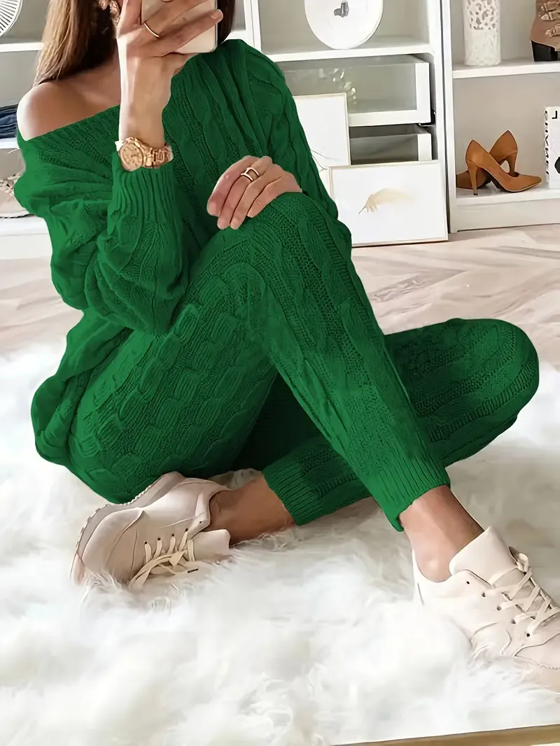 Solid Knitted Matching Two-piece Set, Casual Long Sleeve Sweater & Pants Outfits, Women's Clothing