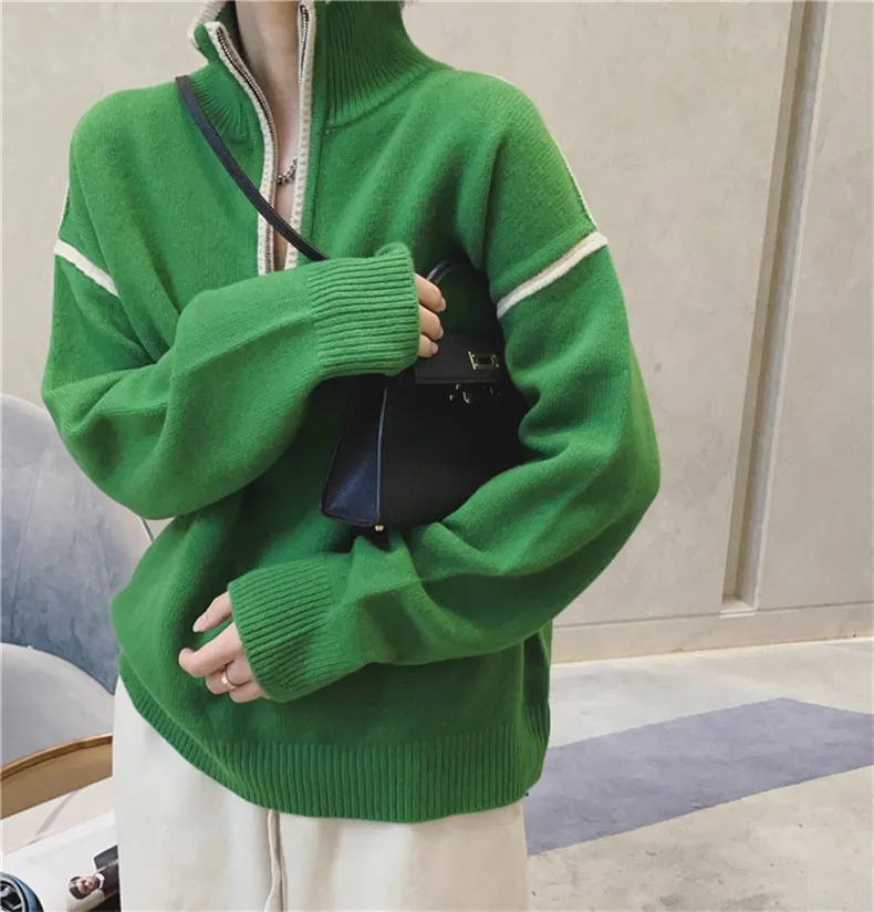 Stand Collar Zip Colorblock Loose Fashion Sweater