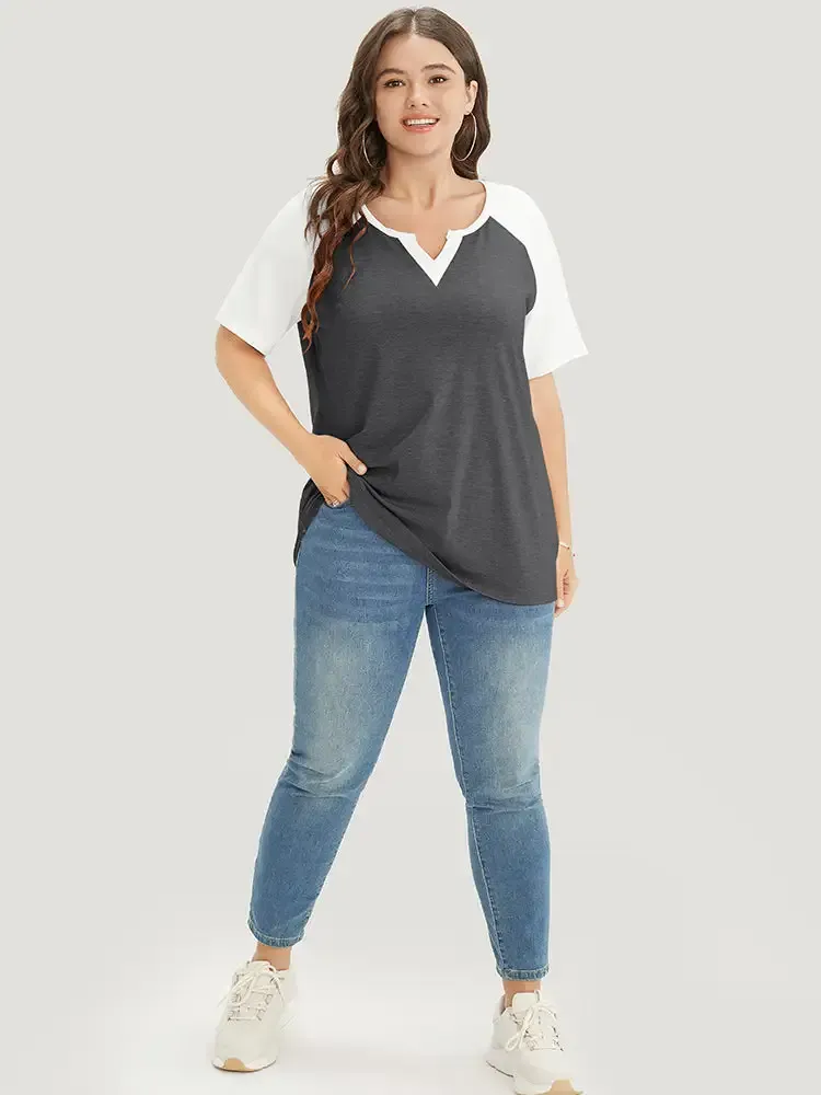 Colorblock Contrast Notched Raglan Sleeve T-shirt