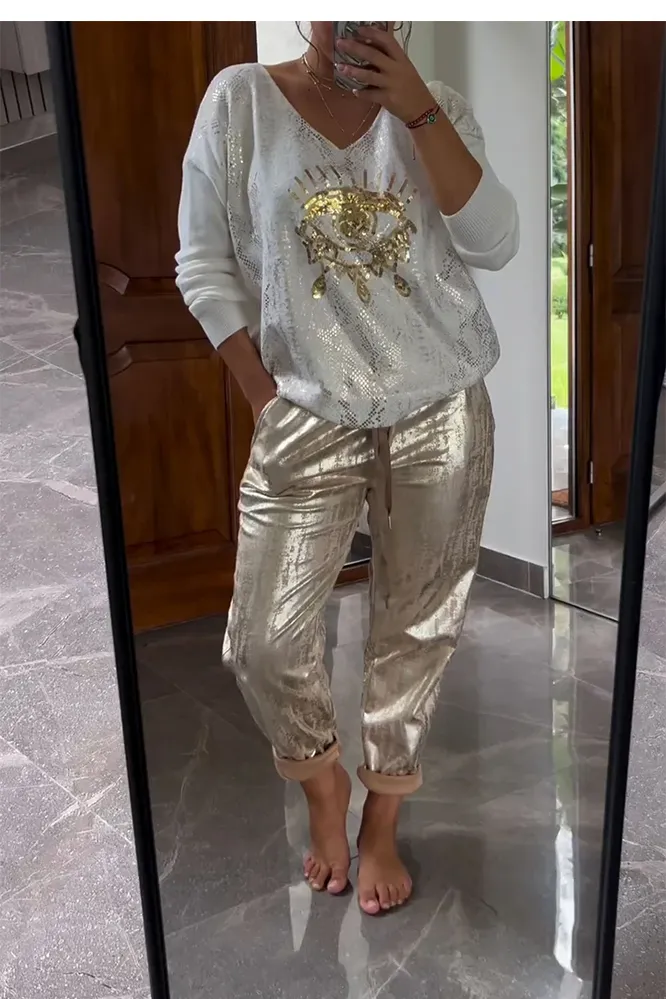 Women's fashionable sequin embroidered eye top & bronzing trousers two-piece set