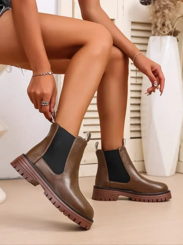 Chunky Sole Chelsea Boots for Women, Trendy High Heel Ankle Boots