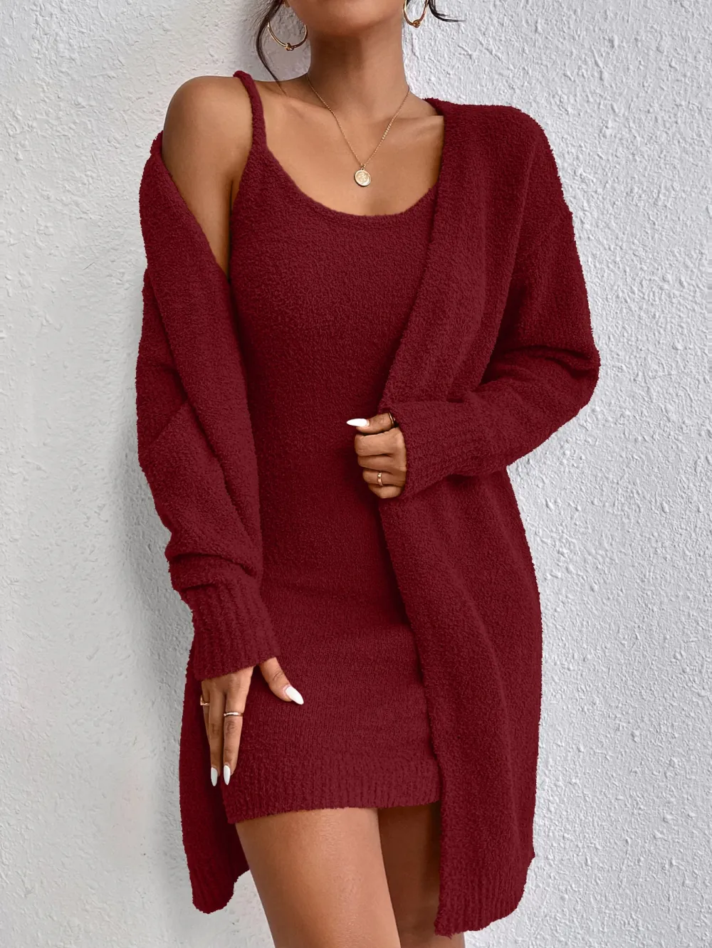 Solid Cami Sweater Dress & Drop Shoulder Cardigan